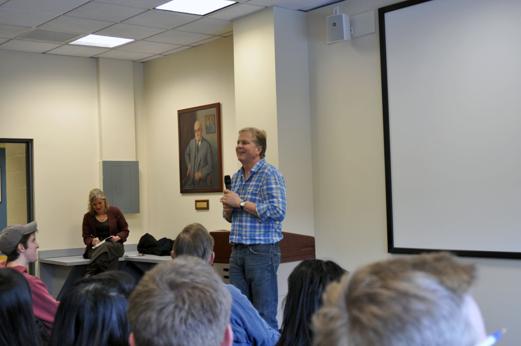 Image: Tom Ashbrook, host of WBUR's On Point radio show talks to students at the BU School of Communication on Wednesday, Feb. 21. He discussed his career and the art of interviewing. (Photo by Brittnee Exum/BU News Service)