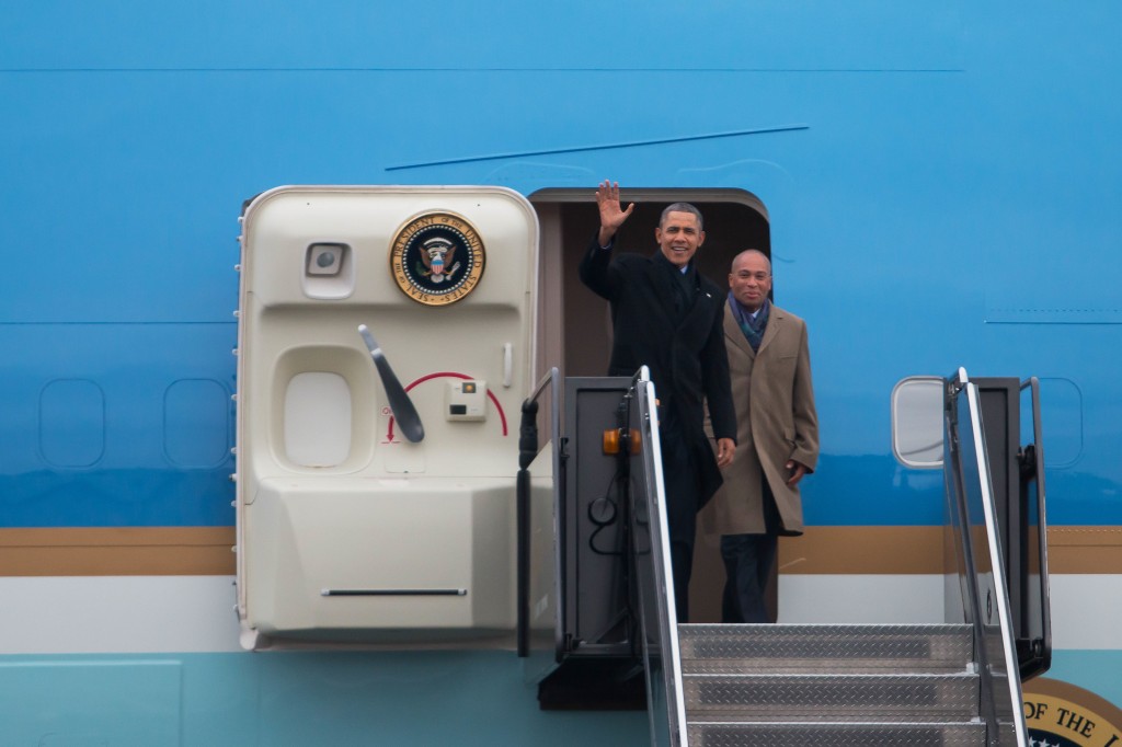 March 5, 2014 - President Obama and Massachusetts Governor Deval Patrick disembark from Air Force One at Logan Airport. (Taylor Hartz/BU News Service)