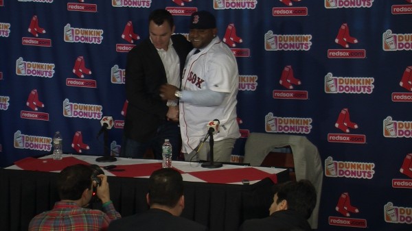 Ben Cherington welcomes Pablo Sandoval at his introductory press conference.