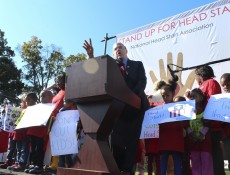IMAGE: Congressman Jim McGovern (D-Mass) speaks to a crowd rallied outside the Capitol on Oct. 2, 2013, urging the government to halt spending cuts to the Head Start Program. (Photo: Taylor Hartz, BU News Service)