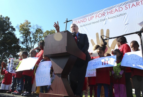 IMAGE: Congressman Jim McGovern (D-Mass) speaks to a crowd rallied outside the Capitol on Oct. 2, 2013, urging the government to halt spending cuts to the Head Start Program. (Photo: Taylor Hartz, BU News Service)