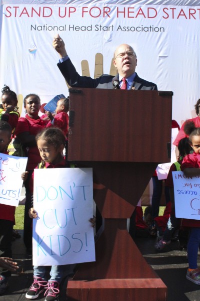 IMAGE: Congressman Jim McGovern (D-Mass) speaks to a crowd rallied outside the Capitol on Oct. 2, 2013, urging the government to halt spending cuts to the Head Start Program. (Photo: Taylor Hartz, BU News Service)
